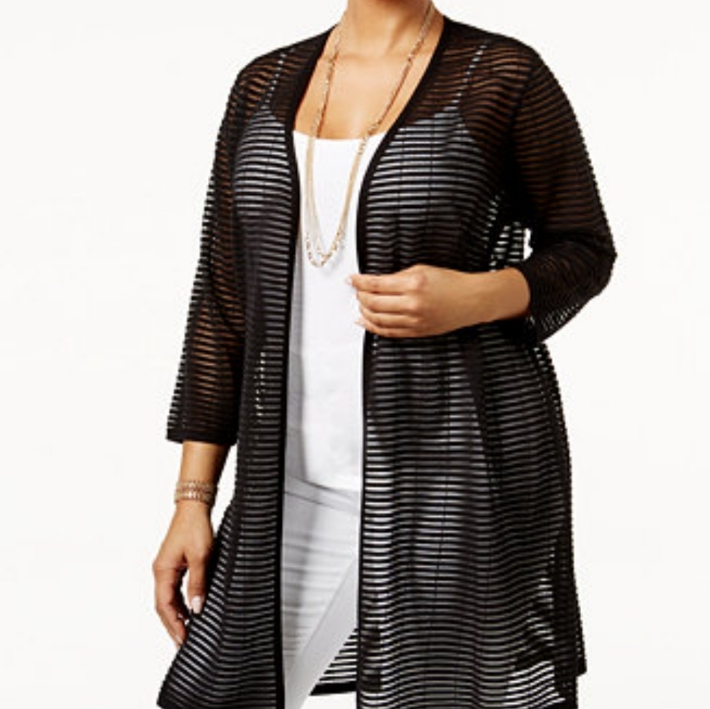 Alfani Sheer Stripe Open Front Cardigan Deep Black CoverUp Petite P/P NWT $79.50